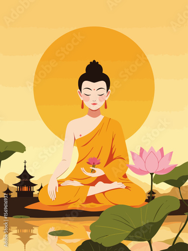 Happy Vesak day greeting card with Buddha, temple, lotus on golden background