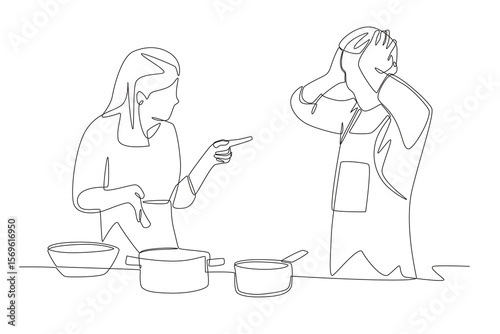 Chef reprimanding while cooking. Cooking classes concept one-line drawing