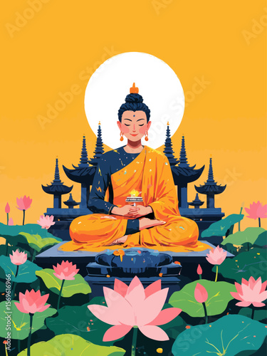 Happy Vesak day greeting card with Buddha, temple, lotus on golden background