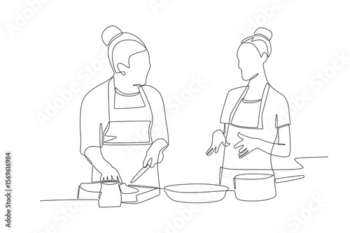 Chef giving directions while cooking. Cooking classes concept one-line drawing