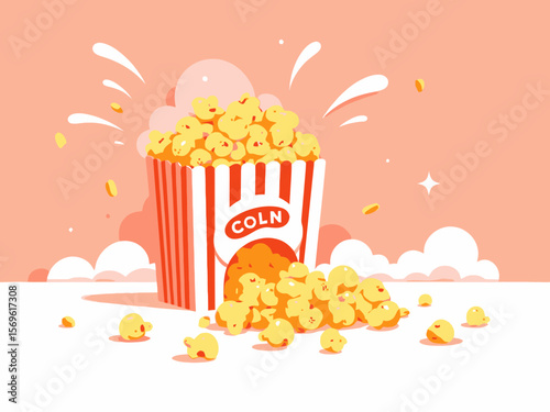 Popcorn in a Container with Some Spilled Outside, Snack Scene on a Clean Surface