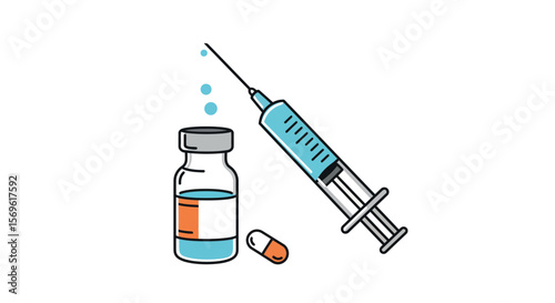 Colorful flat design of medical syringe, vaccine bottle, and capsule