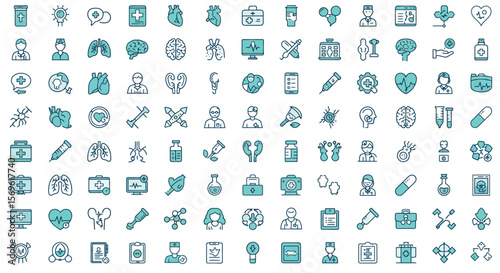 Healthcare icons set featuring medical symbols and tools in linear style