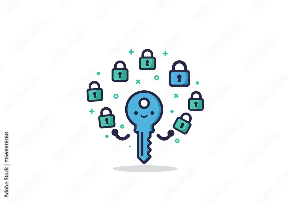 Cheerful Blue Key Mascot with Surrounding Padlocks Illustration - Whimsical vector art representing security, solutions, unlocking potential, or digital protection. Cheerful Blue Key Mascot with Surrounding Padlocks Illustration - Whimsical vector art representing security, solutions, unlocking potential, or digital protection.