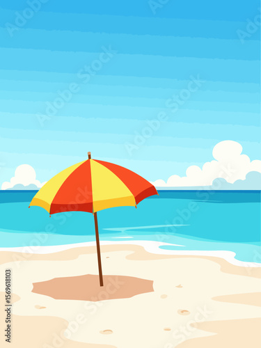 Tropical beach with colorful umbrella on white sandy shore 