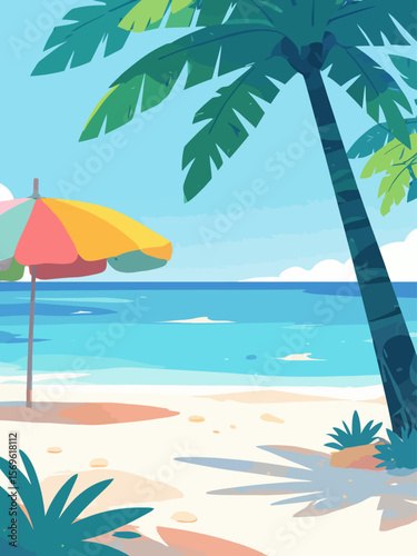 Tropical beach with colorful umbrella on white sandy shore 