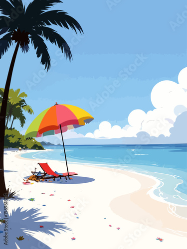 Tropical beach with colorful umbrella on white sandy shore 