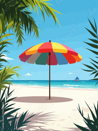 Tropical beach with colorful umbrella on white sandy shore 