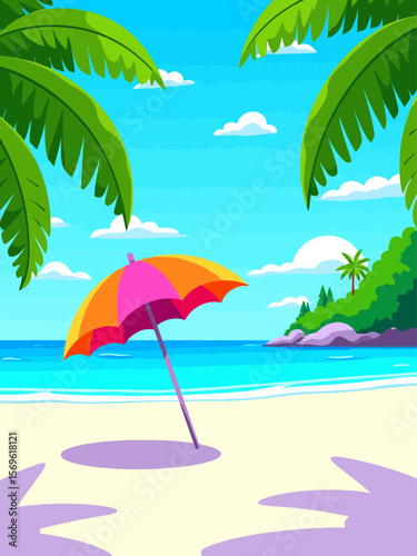Tropical beach with colorful umbrella on white sandy shore 
