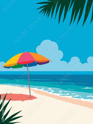 Tropical beach with colorful umbrella on white sandy shore 
