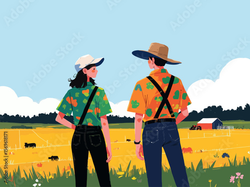 two farmers seen from the back standing next to each other 
