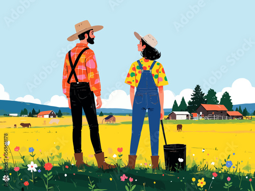 two farmers seen from the back standing next to each other 