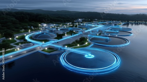 Futuristic Water Treatment Plant with Illuminated Pipes and Circular Tanks at Dusk
