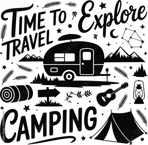 Time to explore travel camping adventure outdoors rv tent vector graphic design illustration