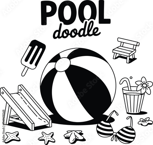 Pool summer beach doodle vector illustration with ball bikini slide and summer vacation elements 100