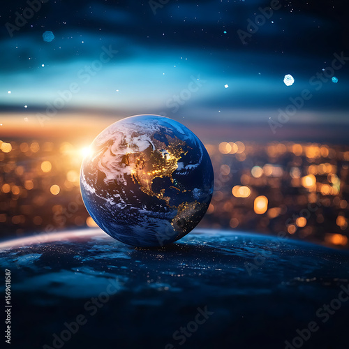 Planet Earth on the background of blurred lights of the city. Concept on business, politics, ecology and media
