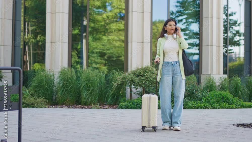 Focused serious woman talking on smartphone while standing near modern building and holding luggage. Wearing headphones on shoulders. Clarifying directions or discussing plans while waiting. Focused serious woman talking on smartphone while standing near modern building and holding luggage. Wearing headphones on shoulders. Clarifying directions or discussing plans while waiting.