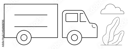Outline of a truck alongside abstract leaves and a cloud. Ideal for logistics, delivery, transportation, outdoor, clean design, eco-friendly, simple landing page