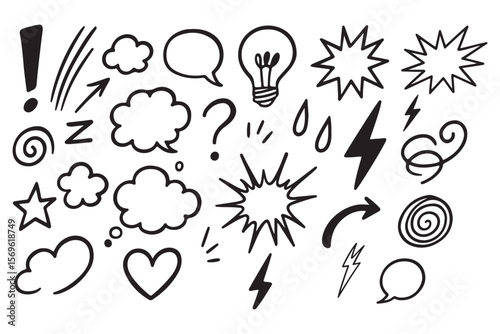 Set of black hand drawn anime manga doodle grunge line elements curved charcoal, chalk arrows, speech bubble, abstract shapes, graphic effects for character emotion. Scribble stroke symbols vector