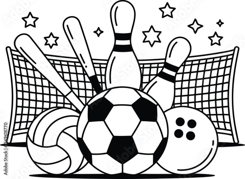 Sports equipment vector illustration soccer volleyball bowling baseball net stars outline graphic design
