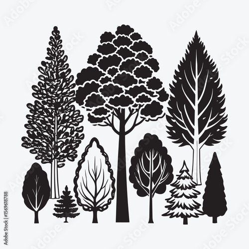 Vector art of a variety of trees in silhouette