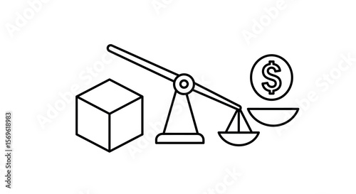 Linear scale and cube with dollar sign representing balance between goods and money