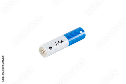 A single AAA alkaline battery, an object providing power and energy to electronics. A source of electricity, isolated on white background with clipping path.