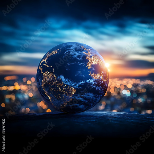 Planet Earth on the background of blurred lights of the city. Concept on business, politics, ecology and media
