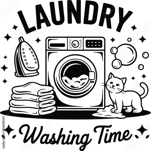 Laundry washing time with cat and iron vector illustration design for print and decoration