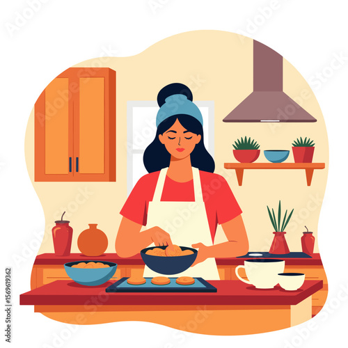 person baking cookies in a cozy kitchen with plants and utensils  