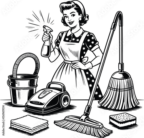 Retro housewife cleaning service vintage illustration vector art for home cleaning and housekeeping tasks