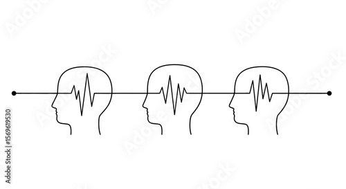Continuous line art of human heads with brainwave patterns