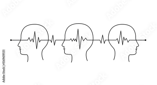 Continuous line art of human profiles linked by heartbeat wave
