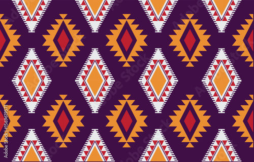 Geometric ethnic Native American tribal patterns, featuring Aztec and Navajo motifs, create a seamless decorative texture. Design for background ,curtain, carpet, clothing, wrapping, Batik.