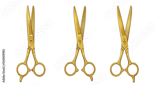Gold scissors trio on white background with open and closed blades