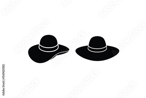 Two black silhouette hats with white bands isolated on a white background in a simple vector style	