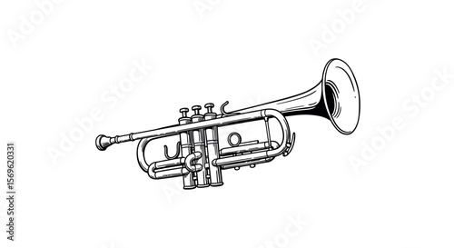 Detailed outline of a classic trumpet on white background