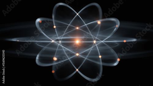 Quantum particle orbit glowing with light trails in dark background, creating futuristic and dynamic energy effect with bright orange and white highlights