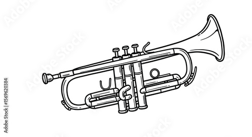 Detailed line art of a trumpet with bold outlines