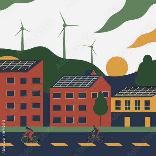 Cyclists riding in eco-friendly city with solar roofs and windmills