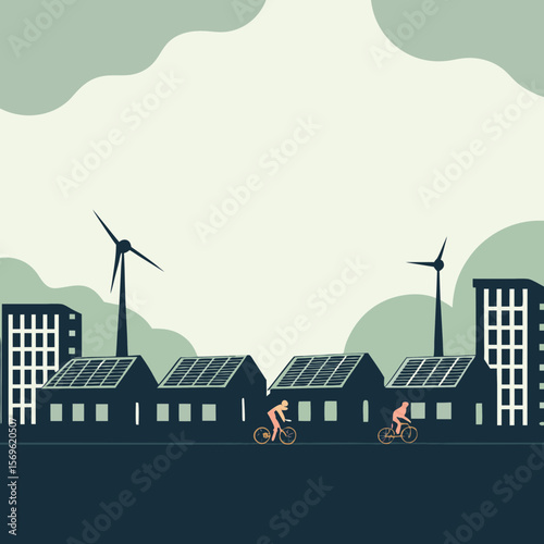 Cyclists in eco city with solar panels and wind turbines