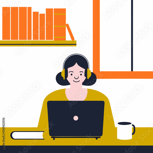 Smiling woman studying on laptop with headphones at desk
