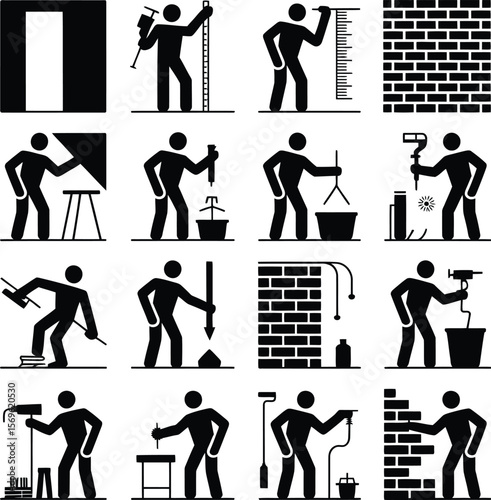 Construction worker icons set building repair renovation tools equipment architecture and home improvement