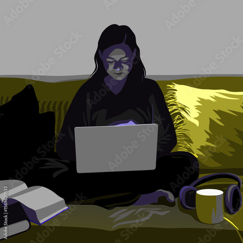 Woman using laptop on couch with books and coffee at night
