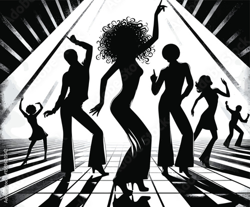  Energetic silhouettes of diverse dancers enjoying rhythmic moves under retro spotlight visuals, evoking themes of disco, community, and vibrant expression captured