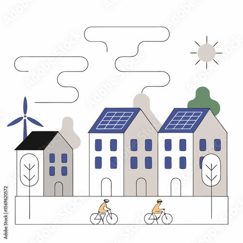 Cyclists riding past eco houses with solar panels and windmill