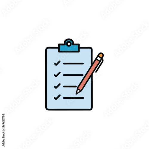 A blue clipboard with a checklist and a red pen