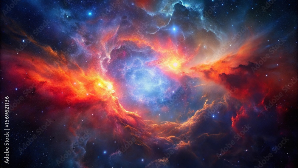 Fototapeta premium Cosmic Nebula in Vivid Red Orange Blue Hues 