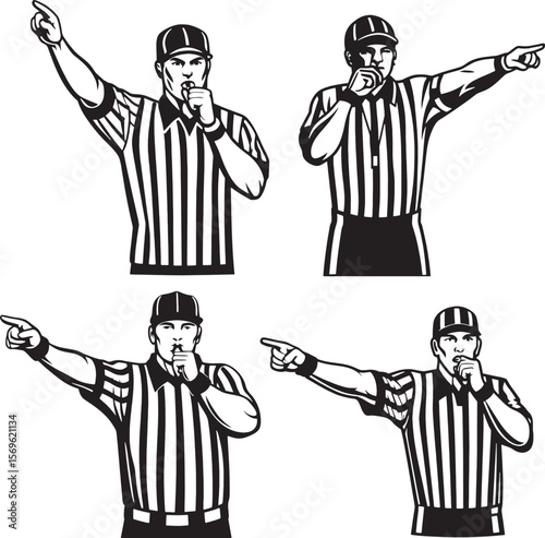 Set of four referee illustrations with different whistle-blowing and pointing gestures. Useful for sports icons or rule communication.