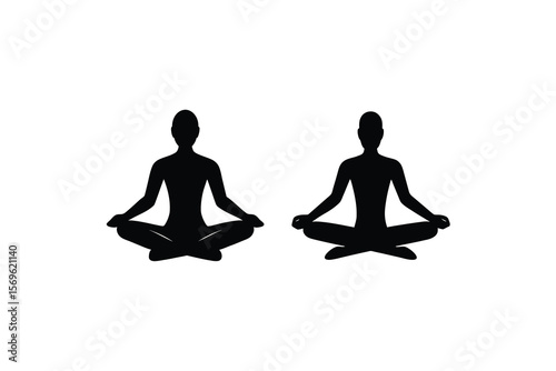 Two black silhouettes of people in lotus position on a plain white background in an illustration	